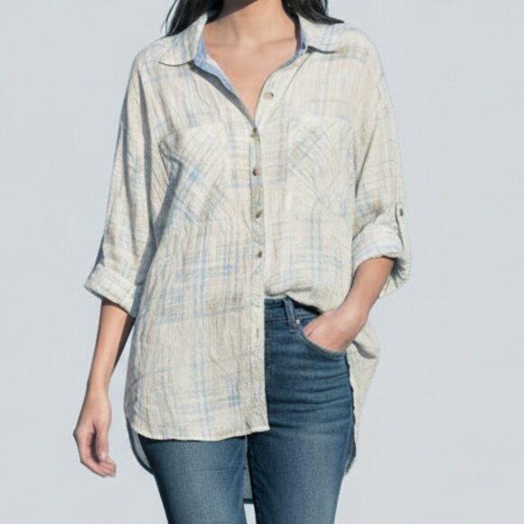 FREE PEOPLE Shore vibe cotton button down plaid shirt L - Picture 4 of 14